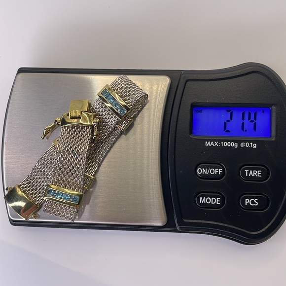 Bracelet Sterling Silver & Gold Mesh Blue Topaz Accents 925 Italy Bracelet - Picture 6 of 13